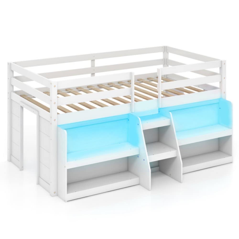 Fenbeli Twin Loft Bed with LED Lights Bookcase Storage Space Staircase and Safety Guardrail Wooden Frame