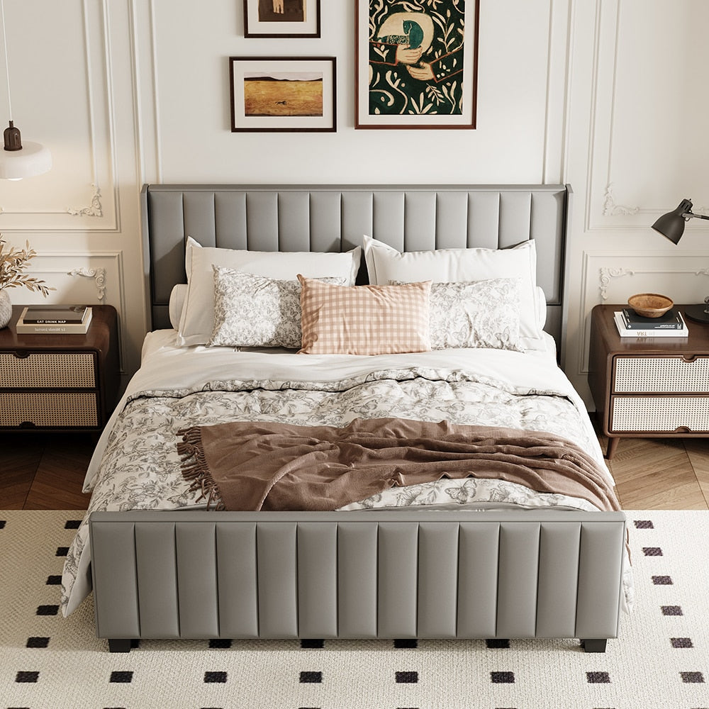 Homsee  Modern Queen Gray Upholstered Platform Bed with Sturdy Metal Frame and Wooden Legs Slatted Headboard and Footboard 86.8''L x 78.8''W x 46.9''H