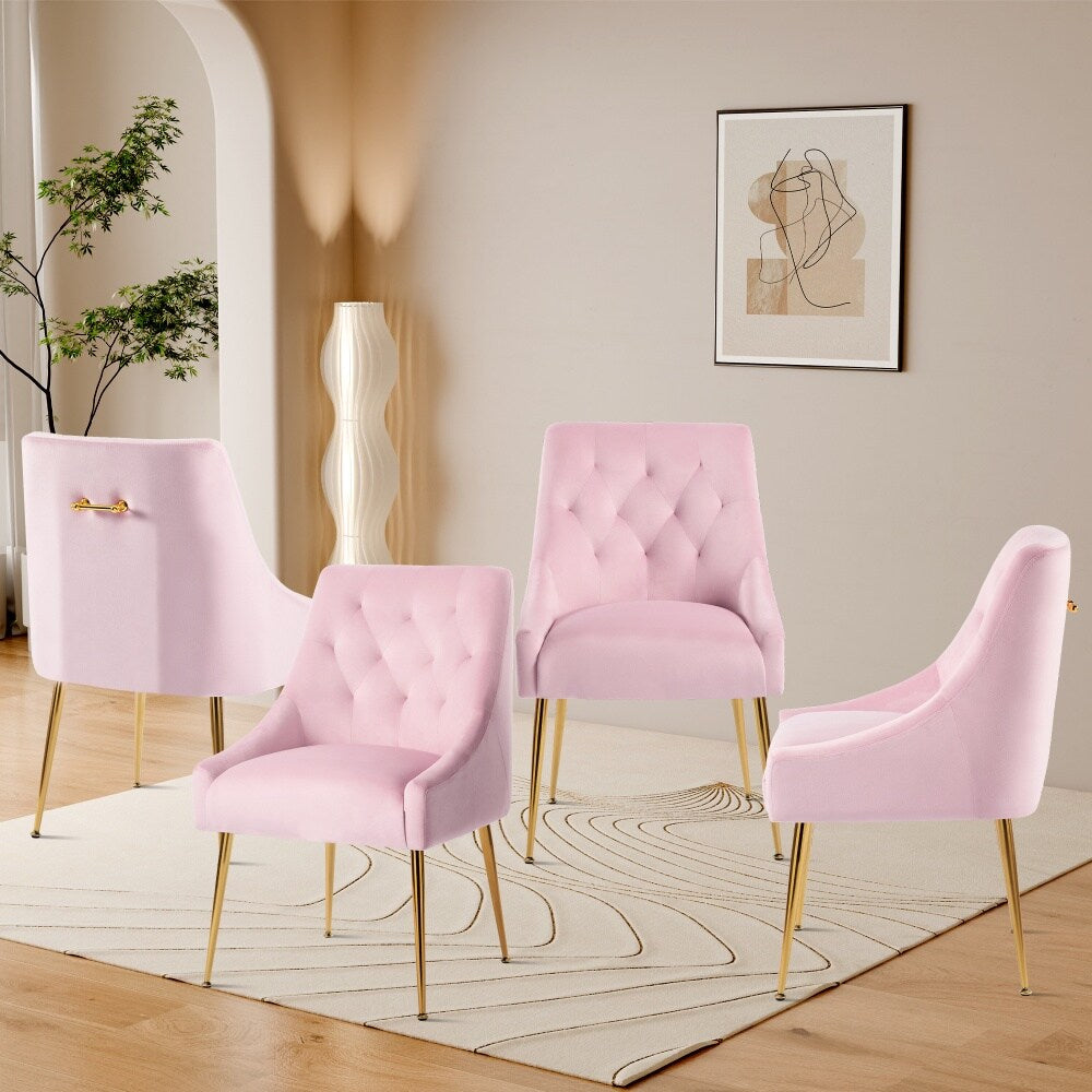 DYHOME Velvet Dining Chairs Set of 4 Mid Century Upholstered Chairs Golden Legs and Back Pull Rod for  Living Room Kitchen Pink