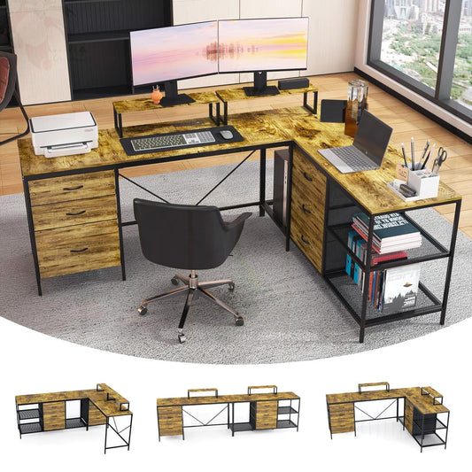 SunJet L Shaped 114 Inch Corner Desk Power Outlets USB C Industrial Six Fabric Drawers Three Shelves Movable Monitor Stands