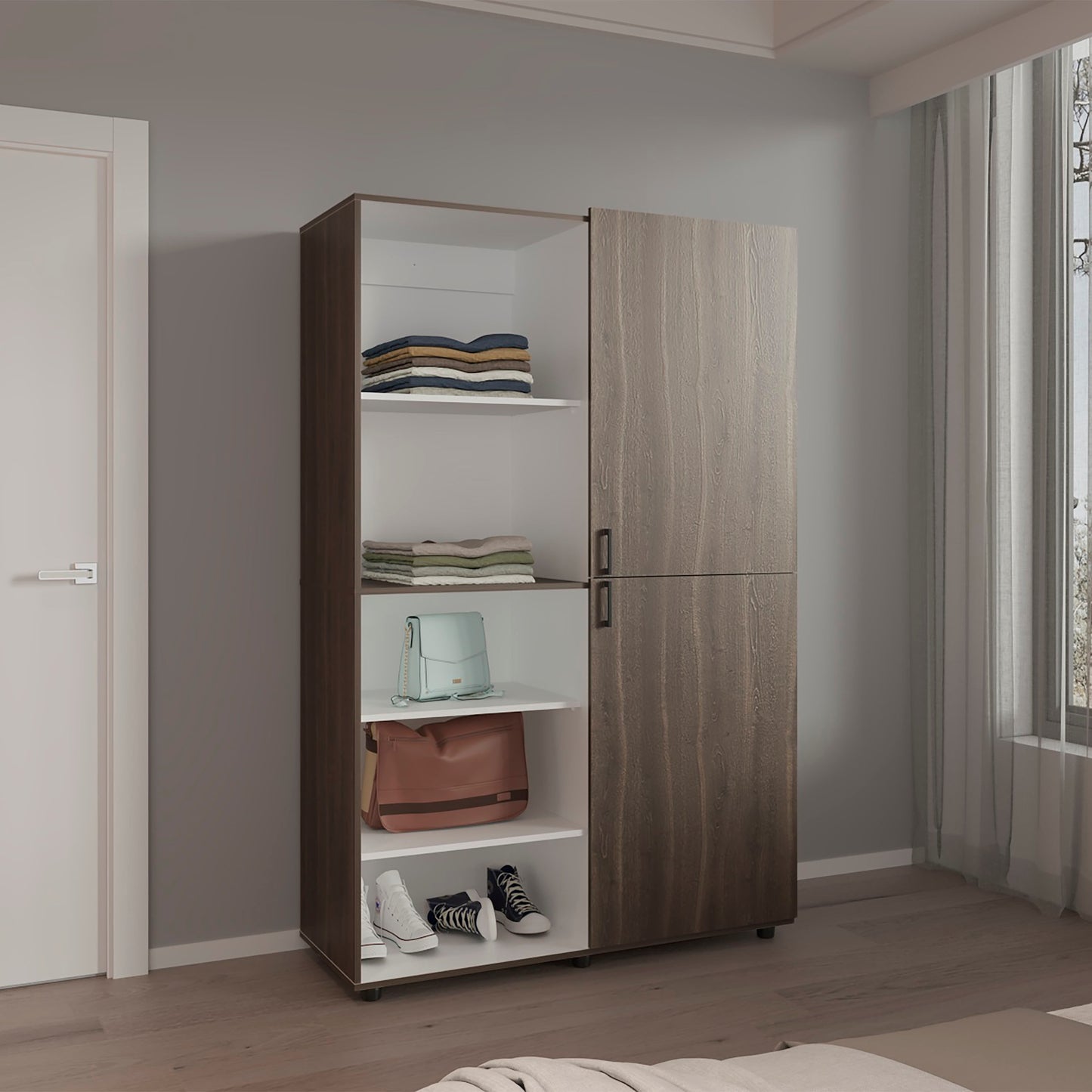 LOVMOR Wardrobe 72.4in H 2 Doors 6 Legs 5 Shelves Gray Walnut - Wardrobe