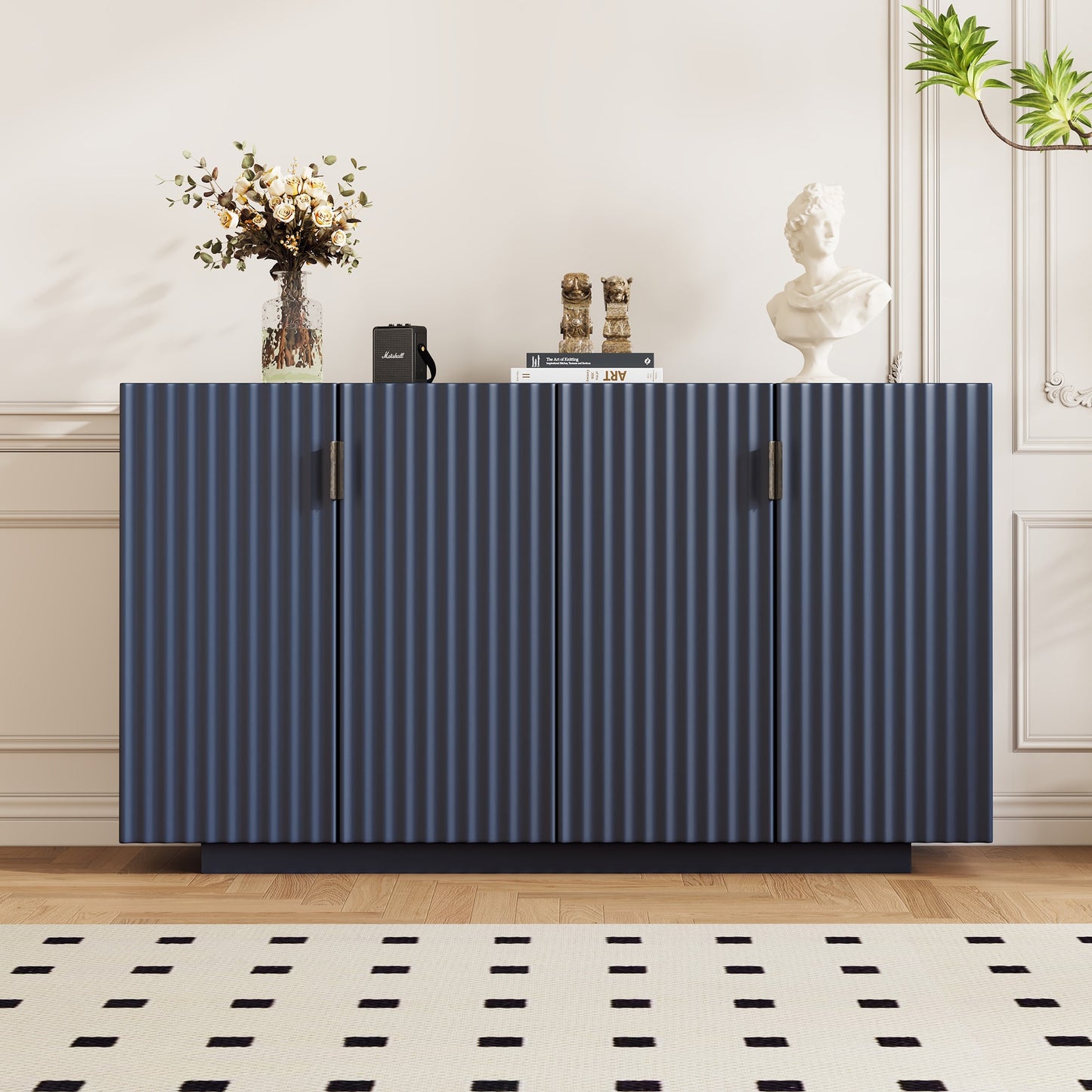 REIBII 4 Door Fluted Sideboard Cabinet with Ample Storage Space and Adjustable Shelves for Dining Room Living Roomâ€‹