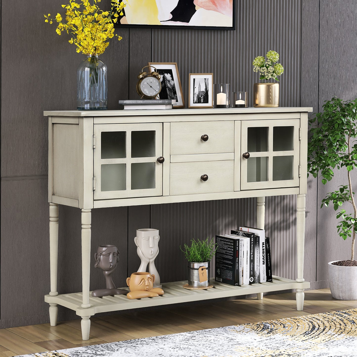 REIBII Farmhouse Sideboard Console Table with Bottom Shelf Wood and Glass Buffet Storage Cabinet for Living Roomâ€‹