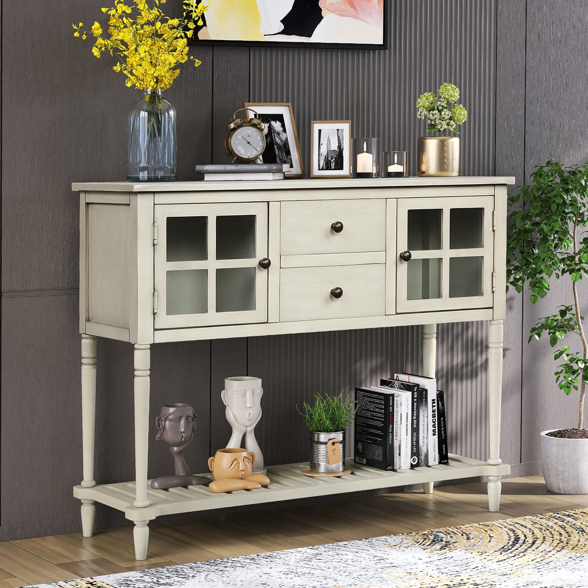 REIBII Farmhouse Sideboard Console Table with Bottom Shelf Wood and Glass Buffet Storage Cabinet for Living Roomâ€‹