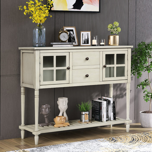 REIBII Farmhouse Sideboard Console Table with Bottom Shelf Wood and Glass Buffet Storage Cabinet for Living Roomâ€‹