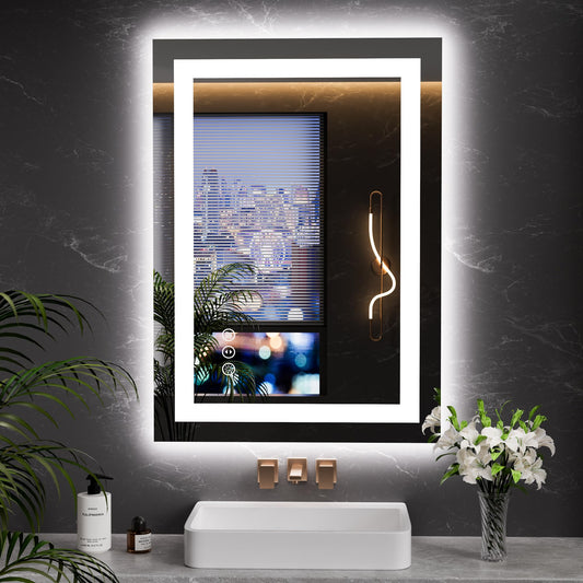 Blisstyle Tempered Glass Backlit Frontlit 28-in x 20-in Polished Frameless Rectangle Dimmable LED Lighted Fog Free Bathroom Vanity Mirror ( Clear )