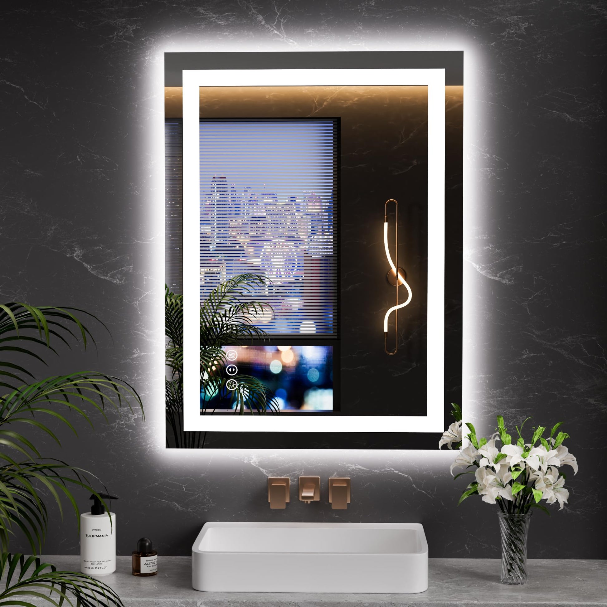 Blisstyle Tempered Glass Backlit Frontlit 32-in x 24-in Polished Frameless Rectangle Dimmable LED Lighted Fog Free Bathroom Vanity Mirror ( Clear )