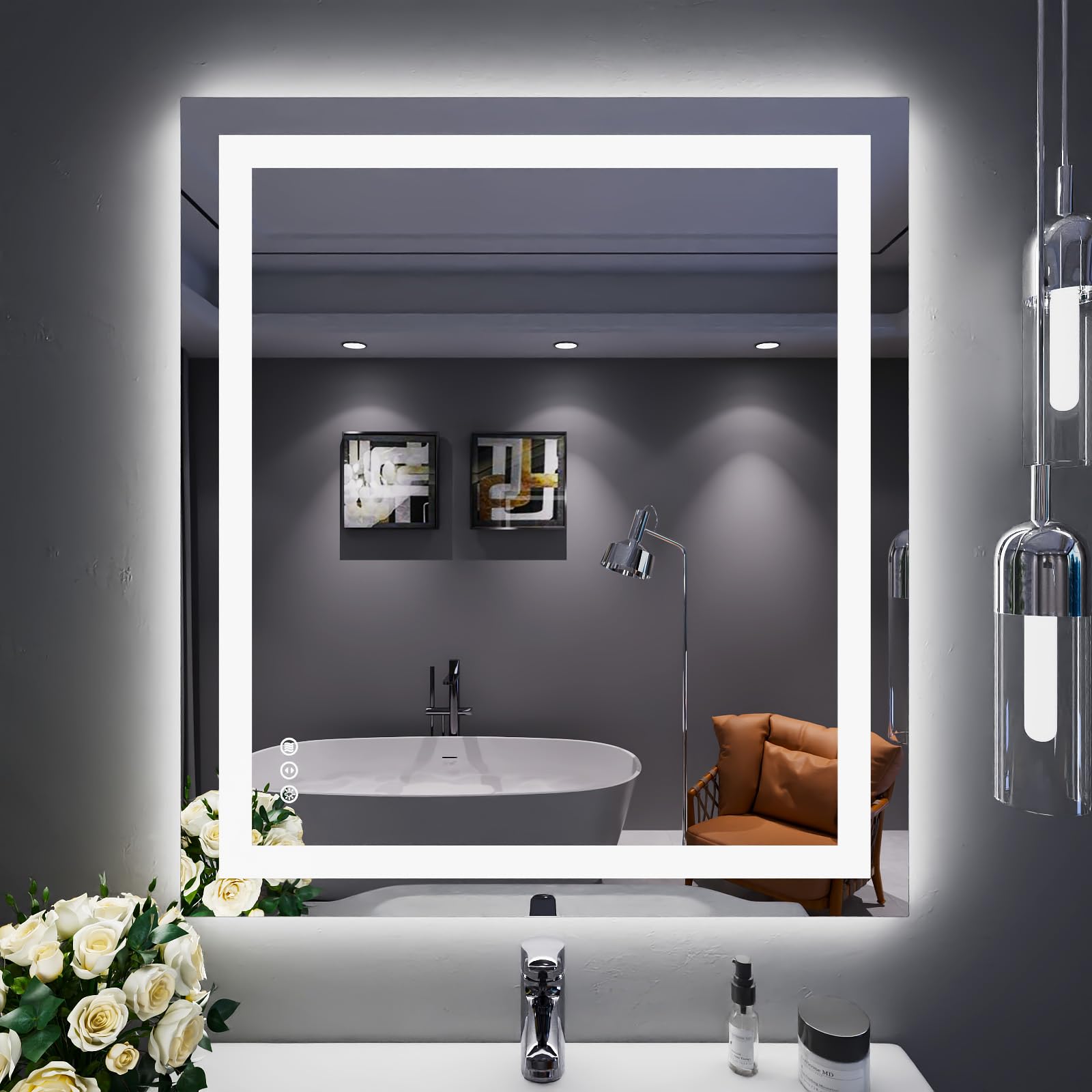 Blisstyle Tempered Glass Backlit Frontlit 32-in x 36-in Polished Frameless Rectangle Dimmable LED Lighted Fog Free Bathroom Vanity Mirror ( Clear )