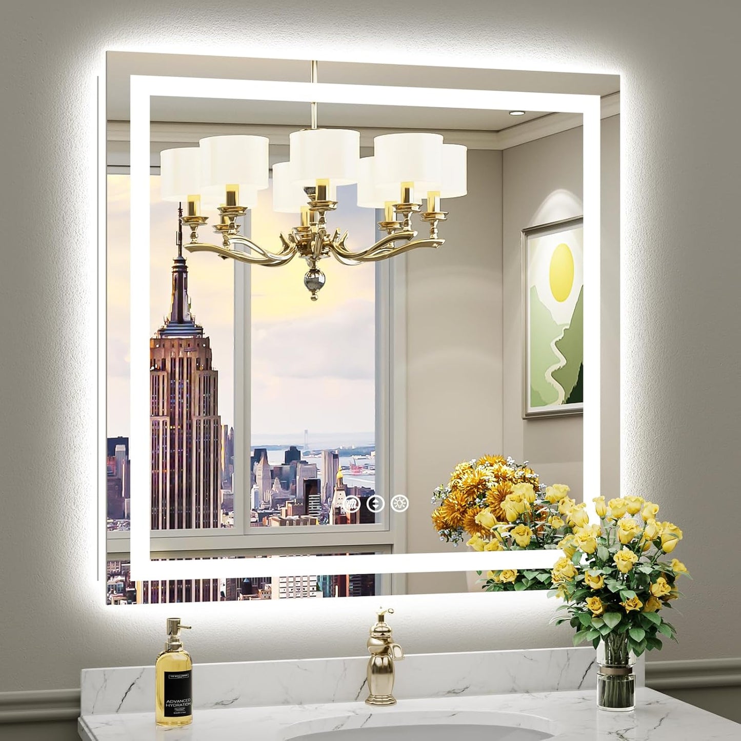 Blisstyle Tempered Glass Backlit Frontlit 36-in x 36-in Polished Frameless Rectangle Dimmable LED Lighted Fog Free Bathroom Vanity Mirror ( Clear )