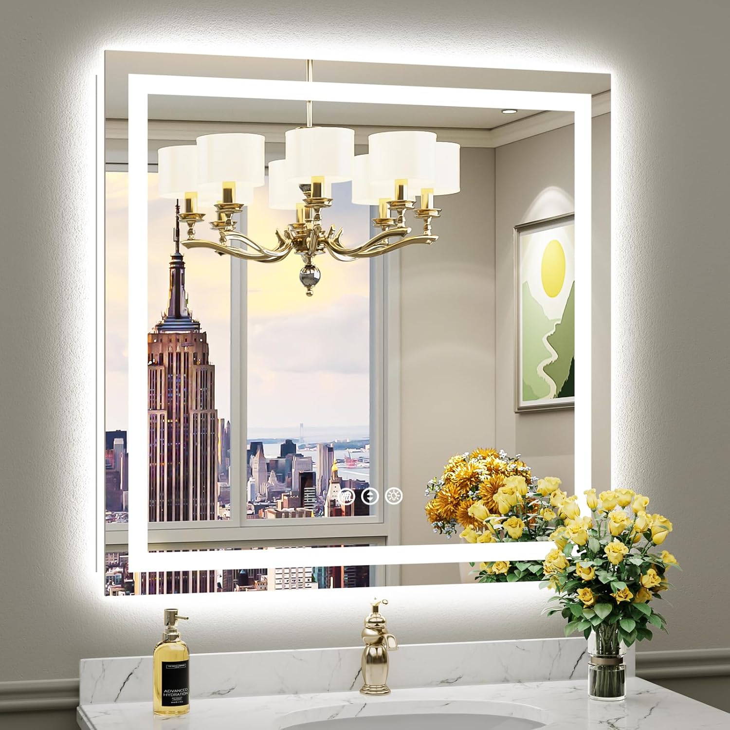 Blisstyle Tempered Glass Backlit Frontlit 36-in x 36-in Polished Frameless Rectangle Dimmable LED Lighted Fog Free Bathroom Vanity Mirror ( Clear )