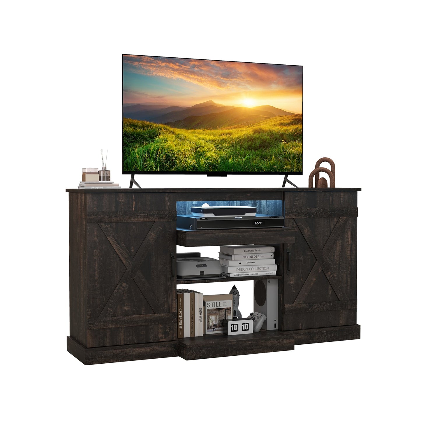 Slickblue Rustic Dark Oak TV Stand LED Lighting Media Console Accommodates 65-Inch TV