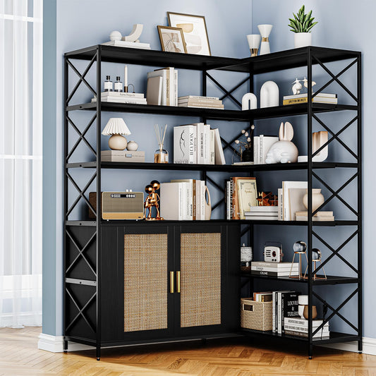 Garvee 6 Tier Corner Bookshelf Large Farmhouse Bookcase for Corner Vintage Etagere L Shaped Book Shelf with Sturdy Metal Frame and 2 Rattan Doors Cabinet for Home Office