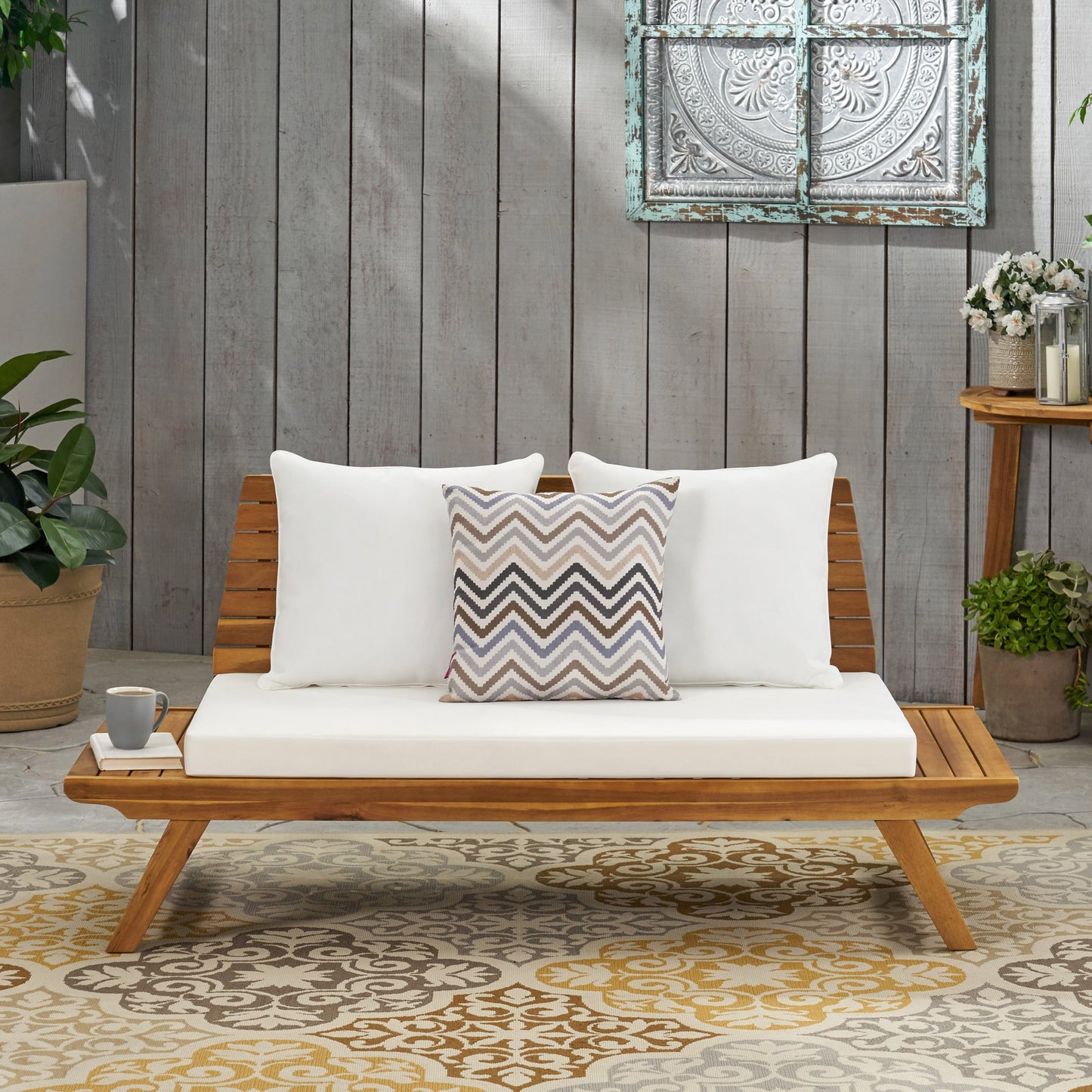 Christopher Knight Home Sedona Outdoor Cushioned Acacia Loveseat White Teak Finish