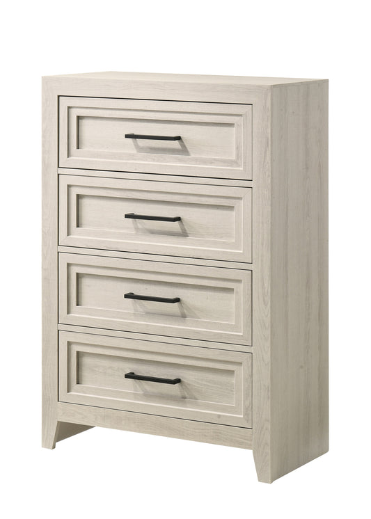 LOVMOR 1pc Contemporary Four Drawer Chest Geometric Design Off-White Finish Wooden Furniture
