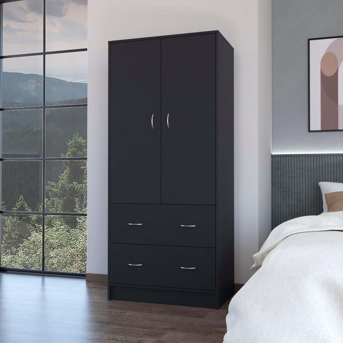 LOVMOR Wenden Wardobre with 2 drawers 2 doors ample storage and hanging rod black