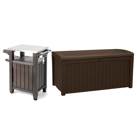 Keter  Unity 40 Gal Grilling Bar Cart with Borneo 110 Gal Storage Deck Box Brown
