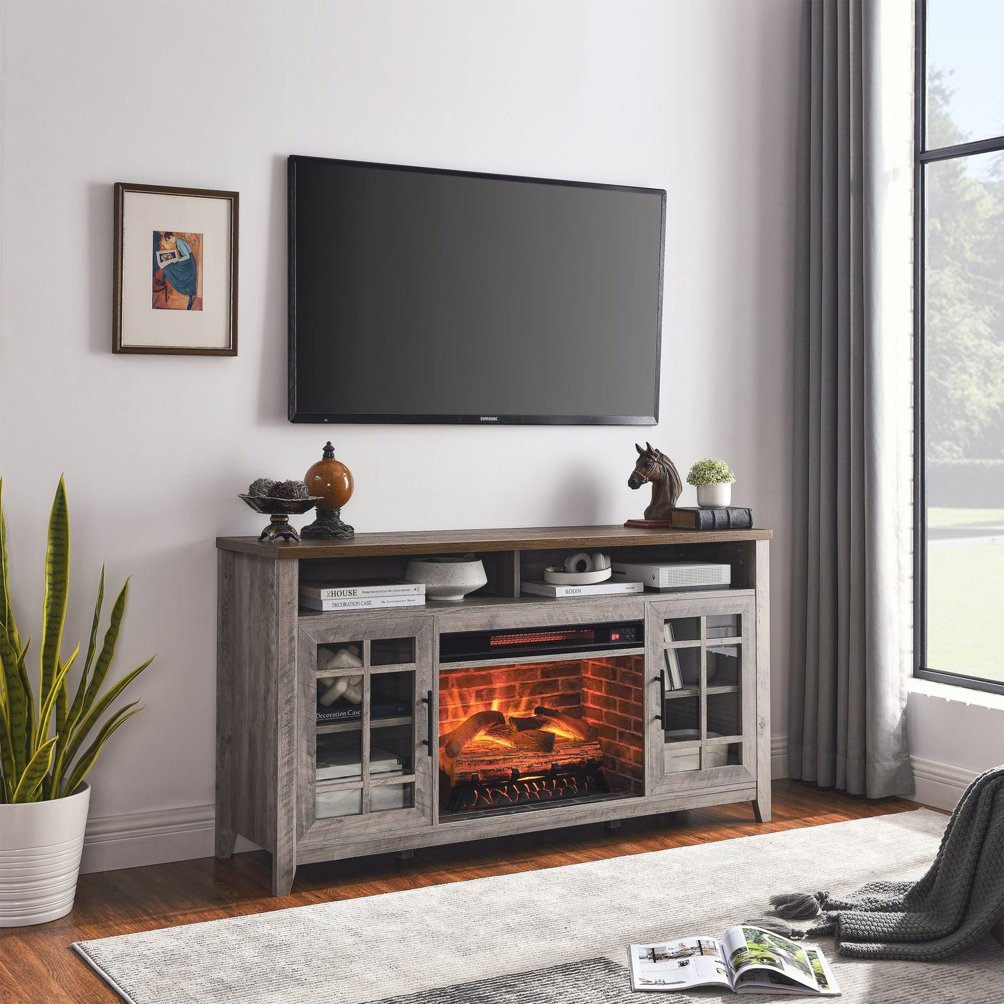 Sumyeg 55-in W Gray Wash TV Stand with LED Flat Wall Electric Fireplace with Remote Control Included