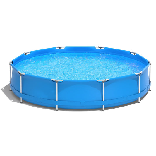 Slickblue Round Above Ground Swimming Pool With Pool Cover for Backyard Use Open Outdoor Areas- Blue/ Gray- 11.8 ft x 11.8 ft x 2.5 Ft