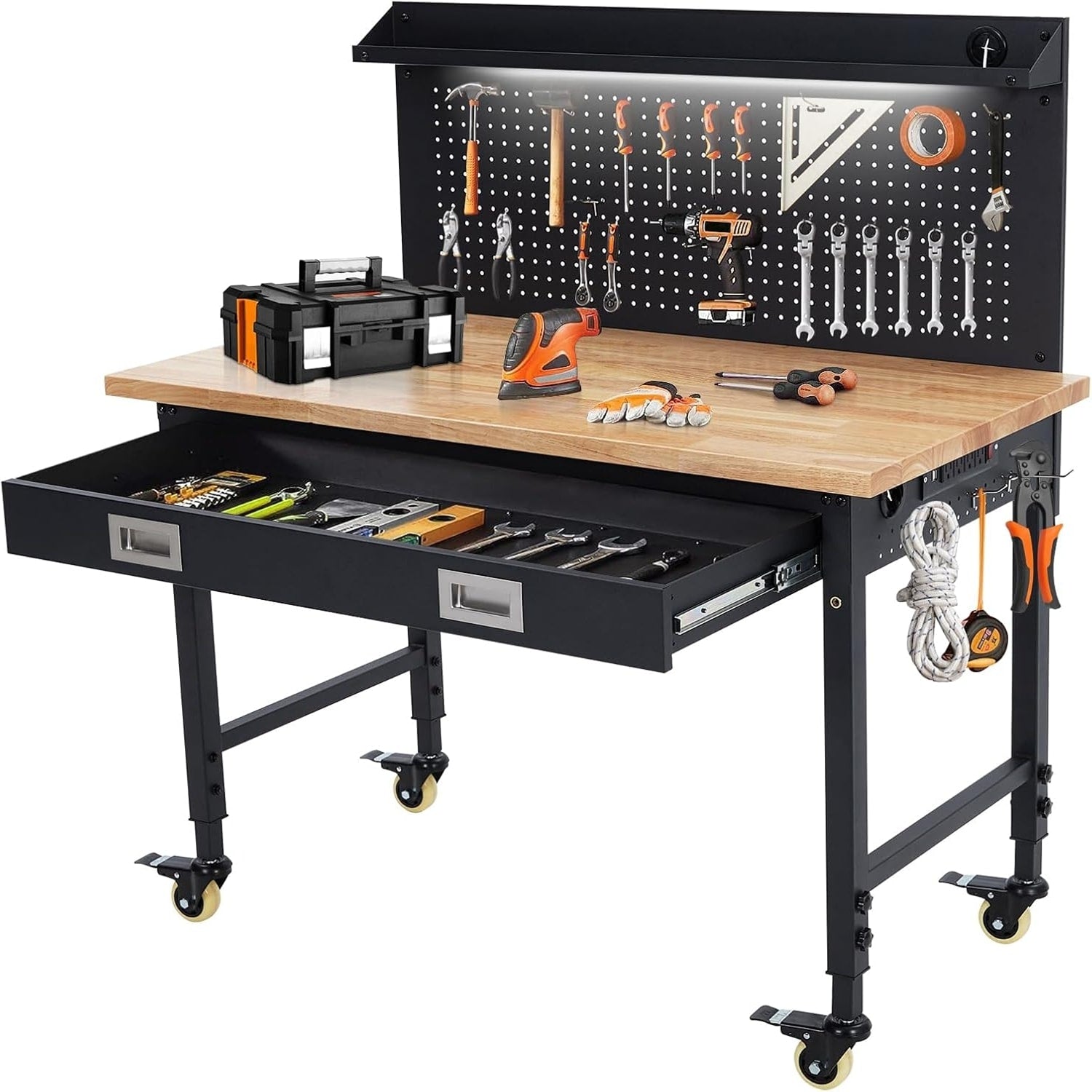 Qeetex 48x 24 Inch Adjustable Height Garage Workbench Rubberwood Top 2000lbs Heavy Duty Workbench with Drawers and Electrical Outlets Rolling Workshop Workbench