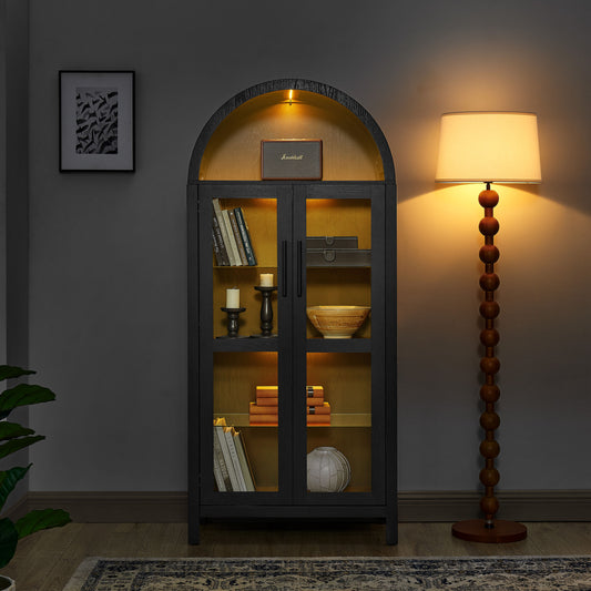 Tatayosi A high arched storage cabinet with a lamp a modern retro style wooden storage cabinet with adjustable glass partitions suitable for use as a multi functional cabinet in kitchens Black