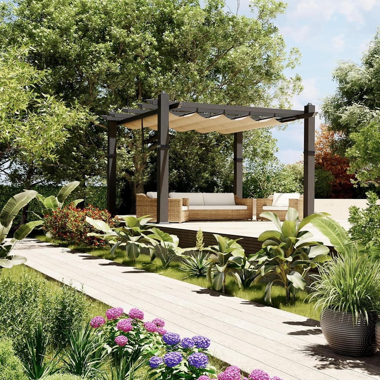 Qeetex 10x10 ft Outdoor Gazebo with Retractable Awning UV Resistant Metal Gazebo Khaki