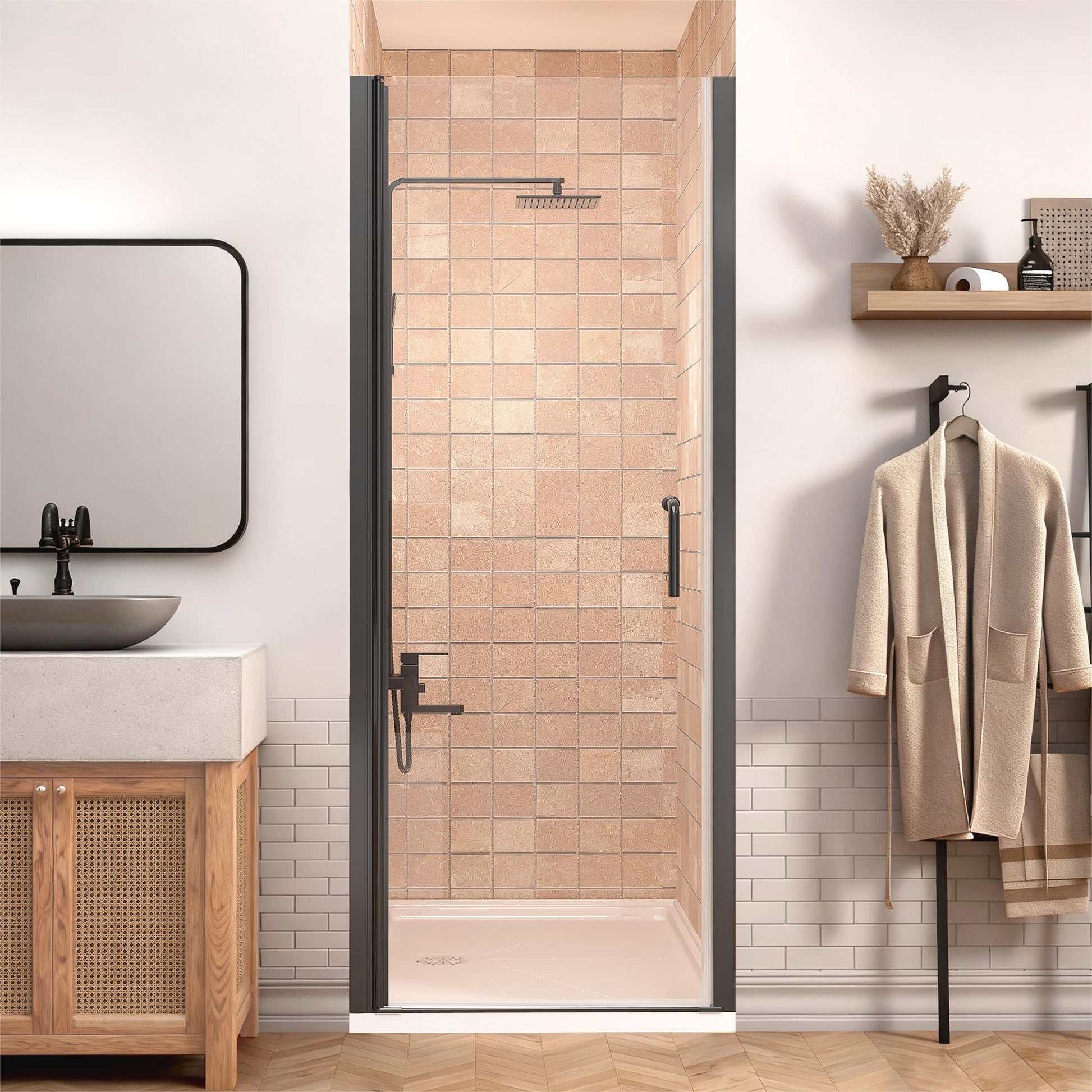 ONWITH  Black 36-in to 37-1/4-in W x 72-in H Frameless Clear Glass Pivot Swing Shower Door