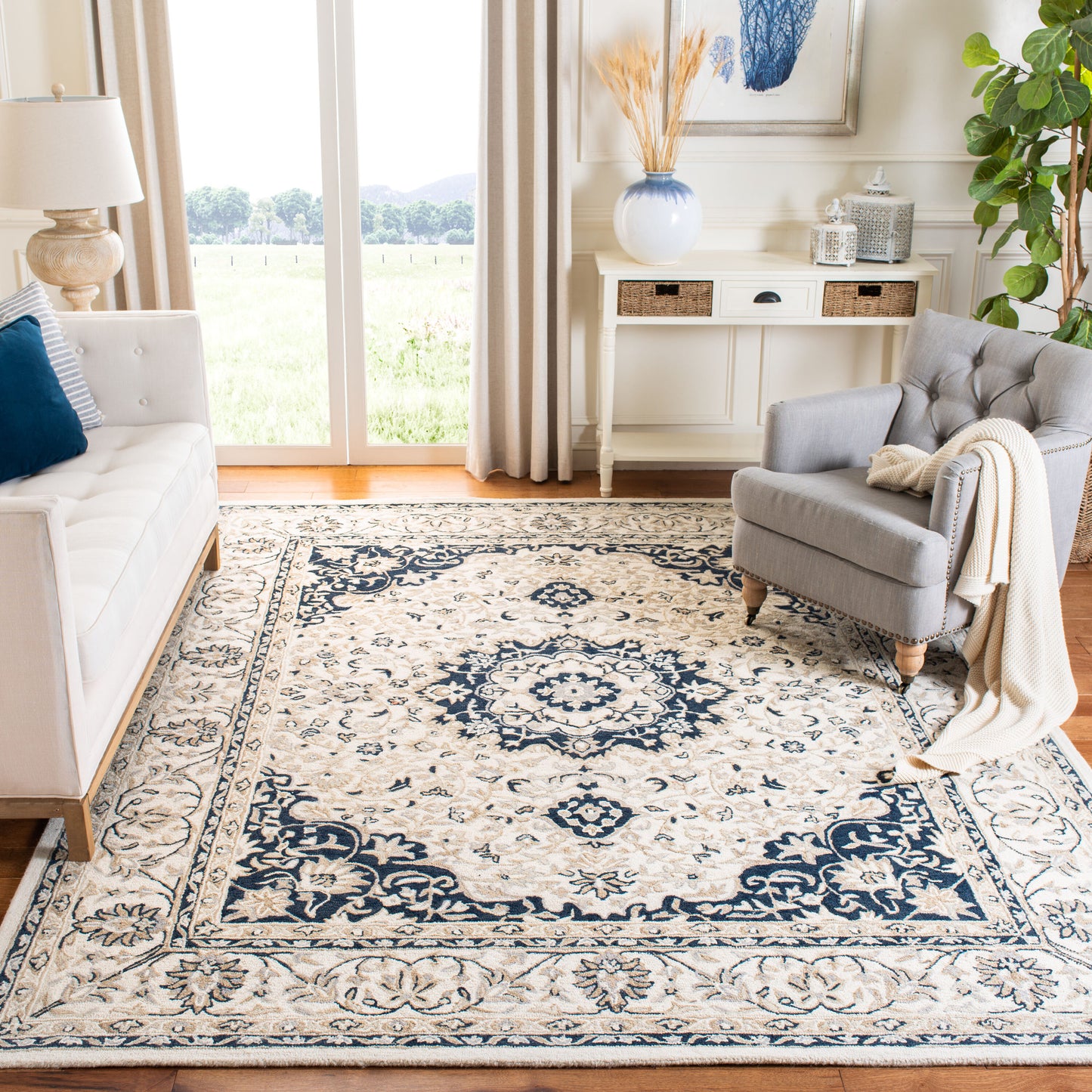 Safavieh  Micro Loop 508 Ivory/Navy Traditional 8ft x 10ft Large Rectangle Rug