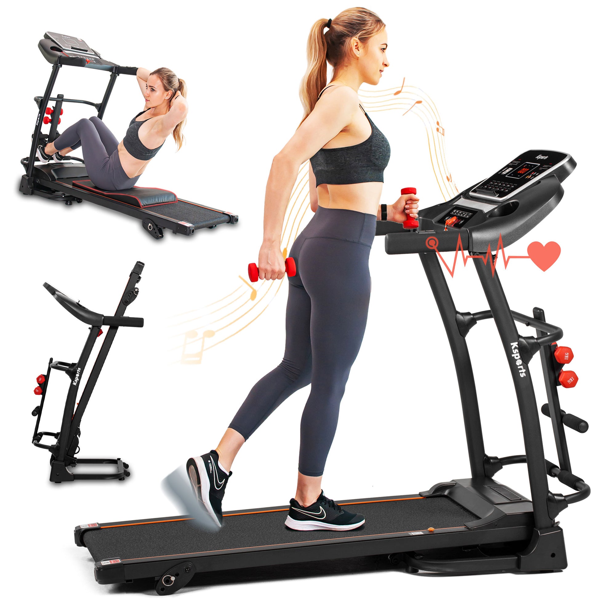 KSPORTS  16 Inch Wide Foldable Home Treadmill w/ Bluetooth and Fitness Tracking App