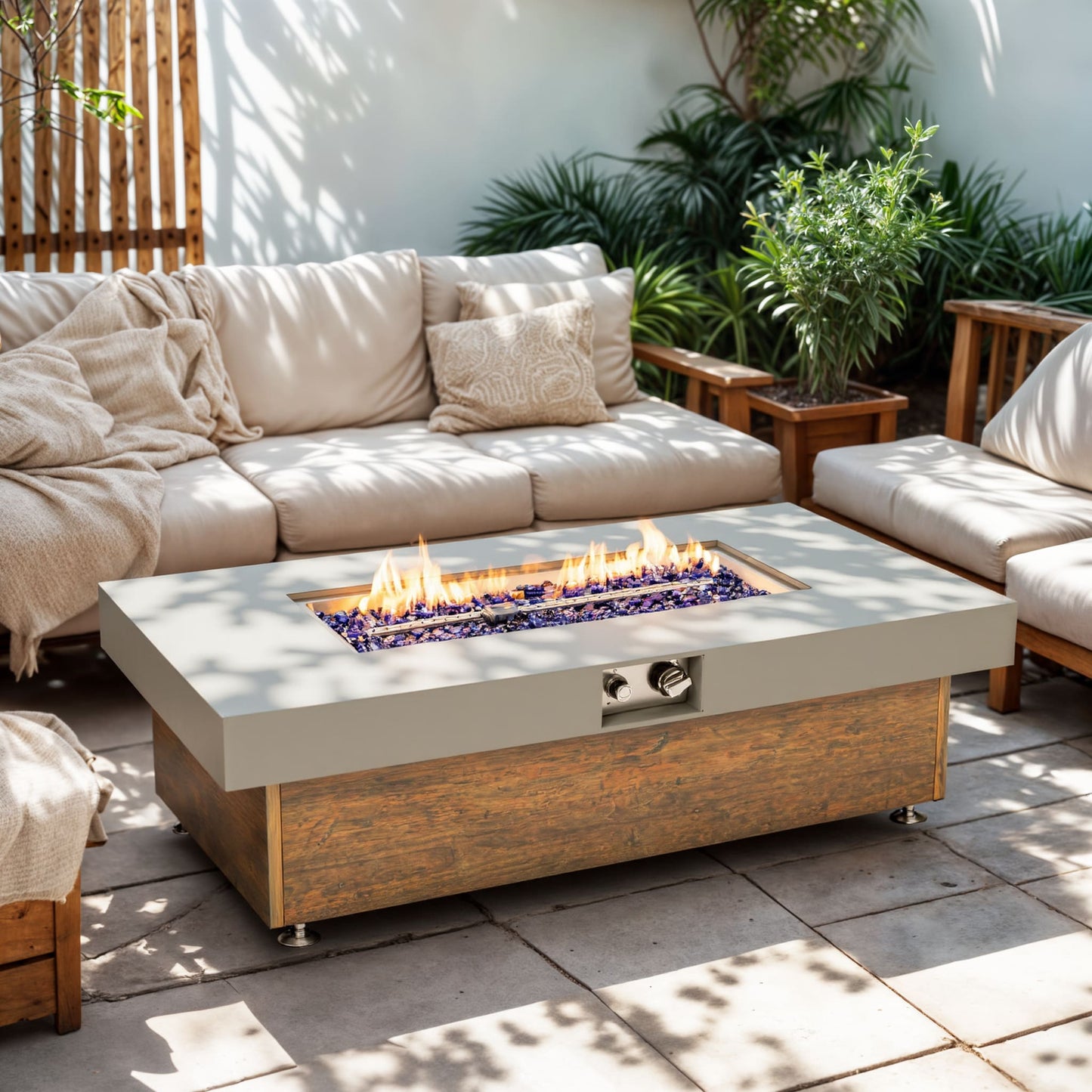 Misty Moon 48 Inch Gray Iron Fire Pit Table with Wood Grain for Outside Patio Deck Garden Courtyard