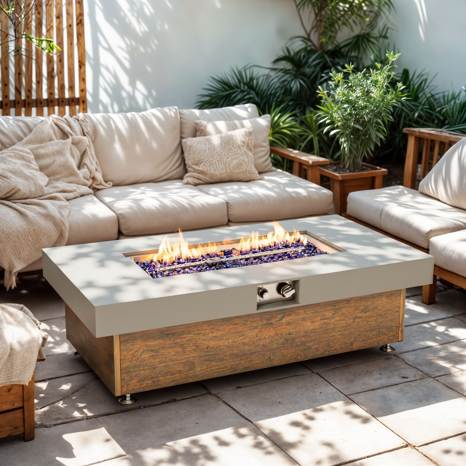 Misty Moon 48 Inch Gray Iron Fire Pit Table with Wood Grain for Outside Patio Deck Garden Courtyard