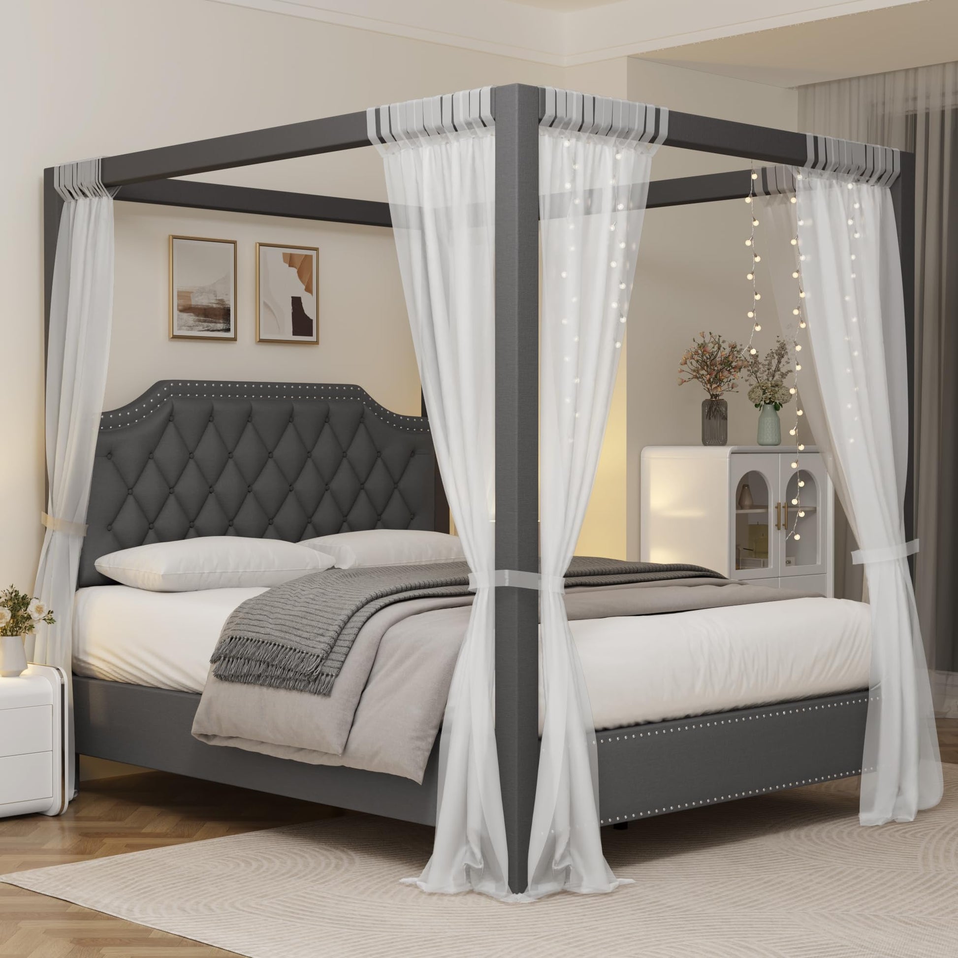 Garvee Full Size Canopy Bed Frame with Nailhead Decoration Headboard Upholstered Bed Frame with Poles 4 Corner Bed Bracket Solid Wood Slats Support No Box Spring Needed Noise Free Gray