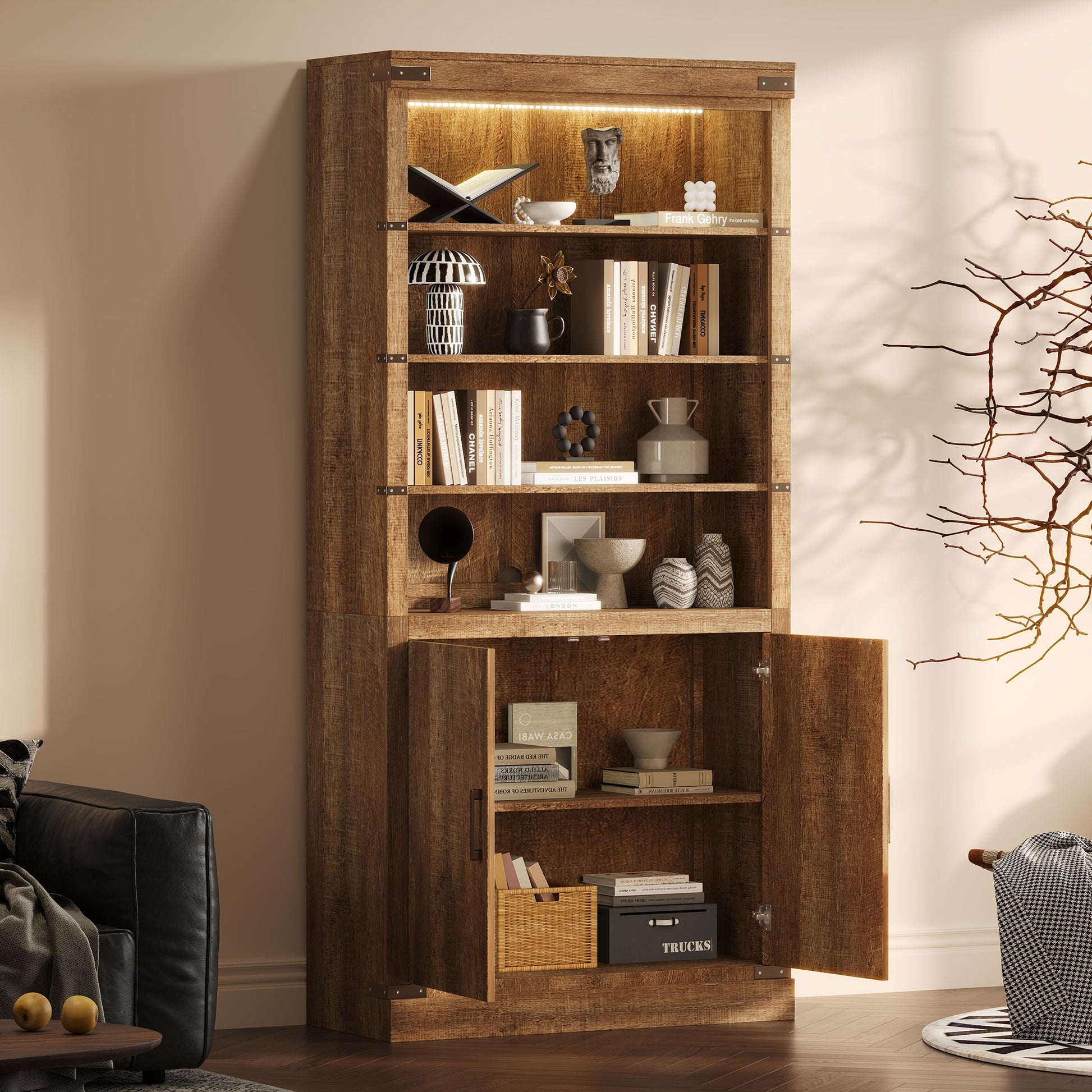 ModernLuxe 83.4inchTall Modern Bookshelf with Doors Farmhouse Bookcase with 3Tier Adjustable Shelves Display Shelves with LED LightLarge Storage Cabinet for Living RoomHome Office Walnut