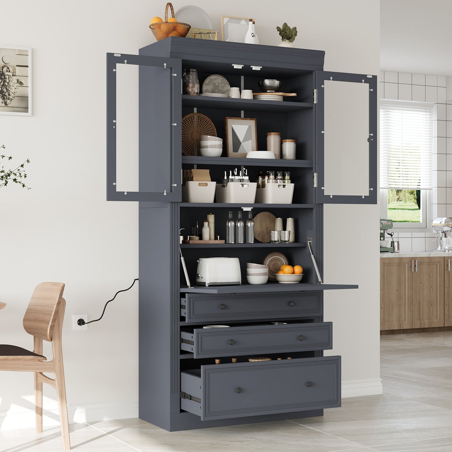 ModernLuxe 3616.578inch Freestanding Kitchen Pantry Storage CabinetMultifunctional Cupboard with 3 DrawersAdjustable Shelves and Power Outlet for Dining and Living RoomGrey