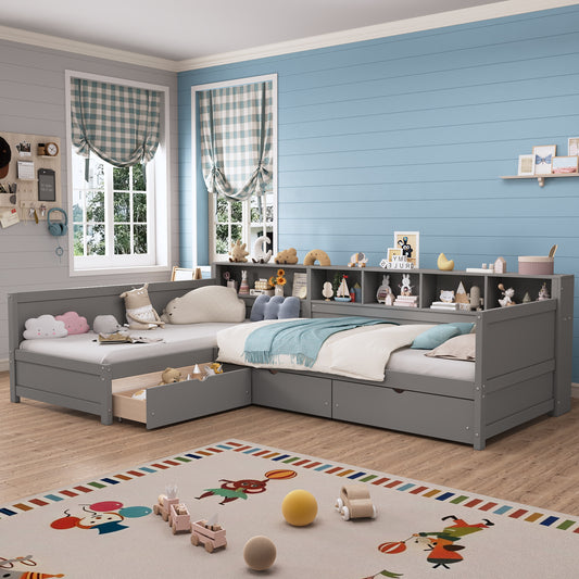 ModernLuxe Twin Size Day Bed for 2 L Shape Twin Size Bed Frame with Storage 3 Drawers  Wooden Corner Bed with Bookshelf Corner Bed Frame For Bedroom Living RoomGrey