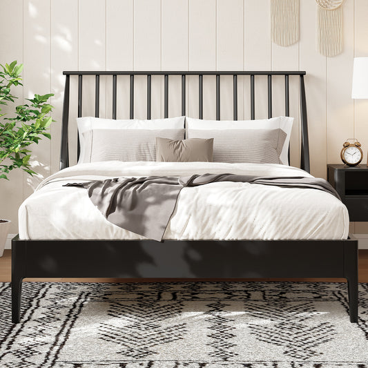 ModernLuxe Solid Bamboo Wood Spindle Platform Queen Bed with 46.5inch Tall Headboard Bohemian Bed Frame with Wooden Slats and Metal Support MidCentury Modern StyleNo Box Spring NeededBlack