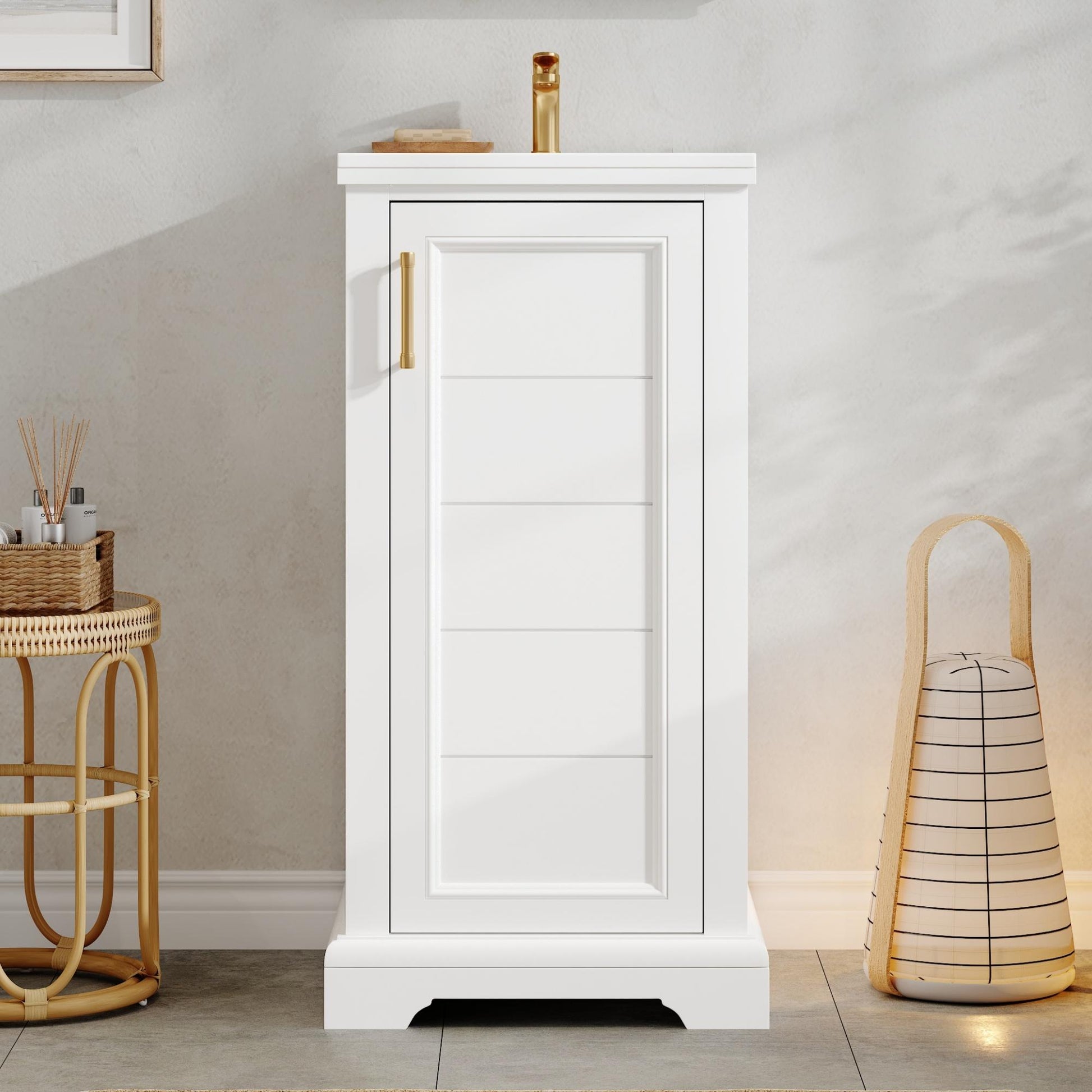 Bayfeve 16-Inch White French Style Bathroom Vanity with Ceramic Sink and Soft-Closing Door