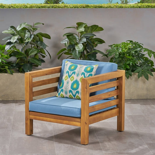 Coolbibila Mid Century Modern Outdoor Wood Club Arm Chair Slat Design Acacia Wood Lounge Chair Patio Blue Cushion Side Chair for Pool Garden