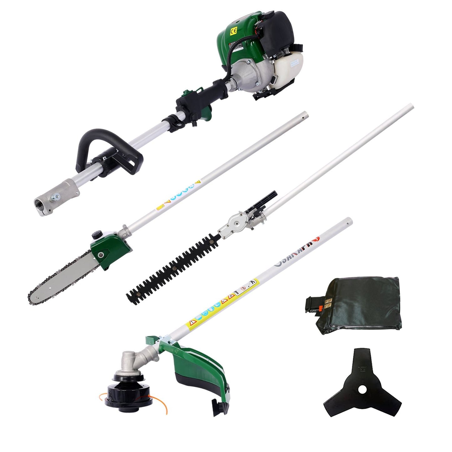 Tatayosi 4 in 1 Multi-Functional Trimming Tool 38CC 4 stroke Garden Tool System with Gas Pole Saw Hedge Trimmer Grass Trimmer and Brush Cutter EPA Compliant