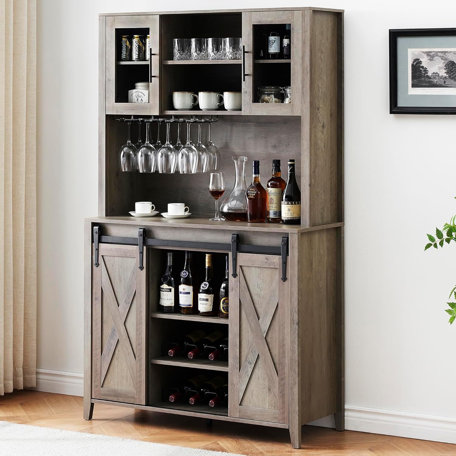 Garvee Kitchen Pantry Cabinet with Sliding Barn Door 70 in Farmhouse Coffee Bar Cabinet with Storage Shelves Stemware Rack and Wine Rack Adjustable Shelves for Kitchen Dining Room Gray