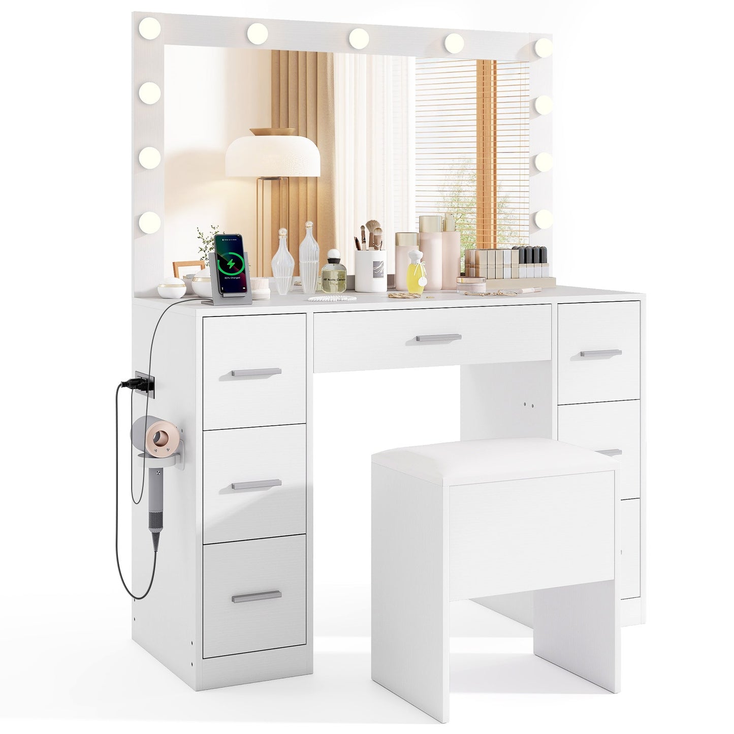 Slickblue LED Lighted Vanity Desk and Stool Set with Adjustable Mirror USB and AC Charging Statio - White