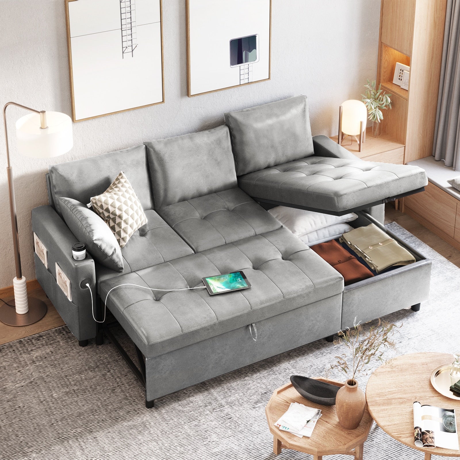 AECOJOY  L Shaped Sectional Convertible Pull Out Couch with Storage Chaise for Living Room