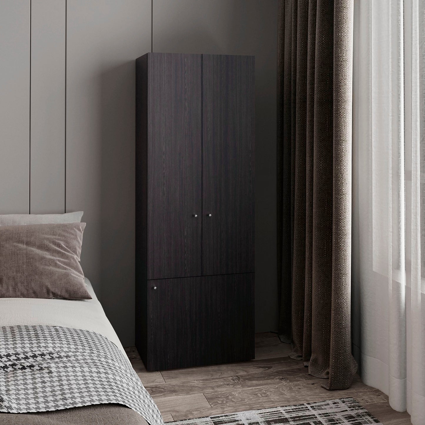 LOVMOR Black Home 3 Door Closet System Hanging Rod Interior Shelves Manufactured Wood