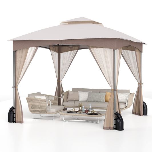 Slickblue 10' x 10' Patio Gazebo with Double-Tier Polyester Roof and Mesh Netting Gray/Khaki