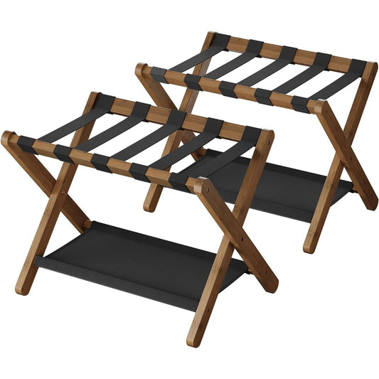 Slickblue Set of 2 Bamboo Luggage Racks with Lower Storage Shelf - Walnut/Black/Brown