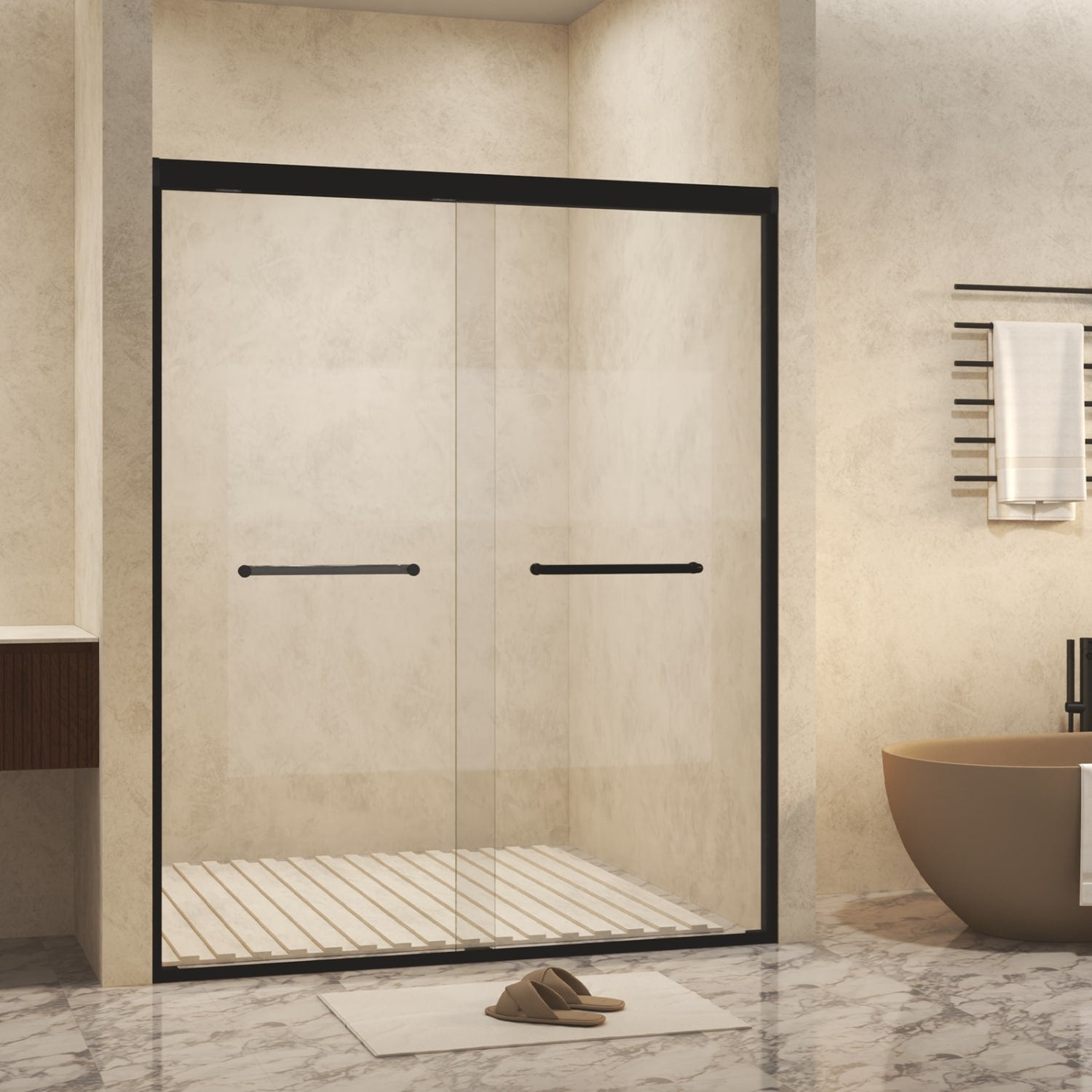 REIBII 56-60in x 72in Matte Black Double Sliding Shower Doors 6mm Tempered Glass with Film Aluminum Frame Stainless Steel Handleâ€‹
