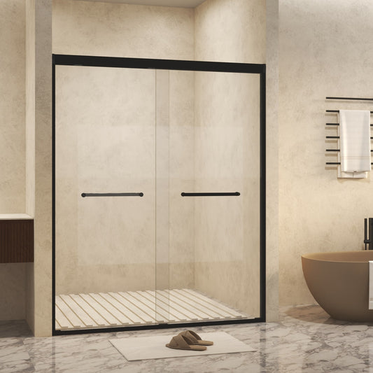 REIBII 56-60in x 72in Matte Black Double Sliding Shower Doors 6mm Tempered Glass with Film Aluminum Frame Stainless Steel Handleâ€‹