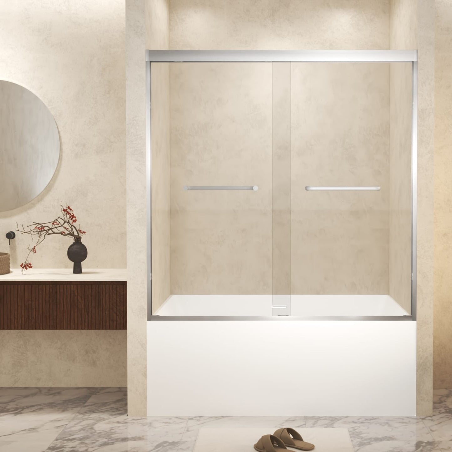 REIBII 56-60inx60in Brushed Nickel Double Sliding Tub Shower Door 6mm Tempered Glass Stainless Steel Handle