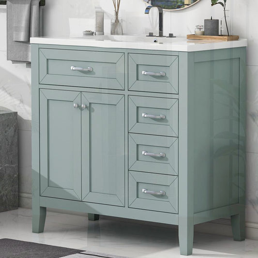 SunJet 36in Green Freestanding Bathroom Vanity with Sink Solid Rubber Wood Frame MDF Board and Drawers