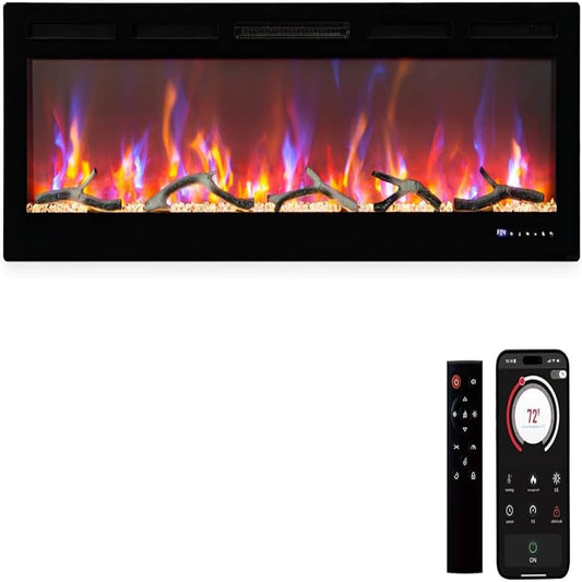 Qeetex 80-Inch Wide Black Wall-Mounted Electric Fireplace With WiFi/Alexa Voice Control
