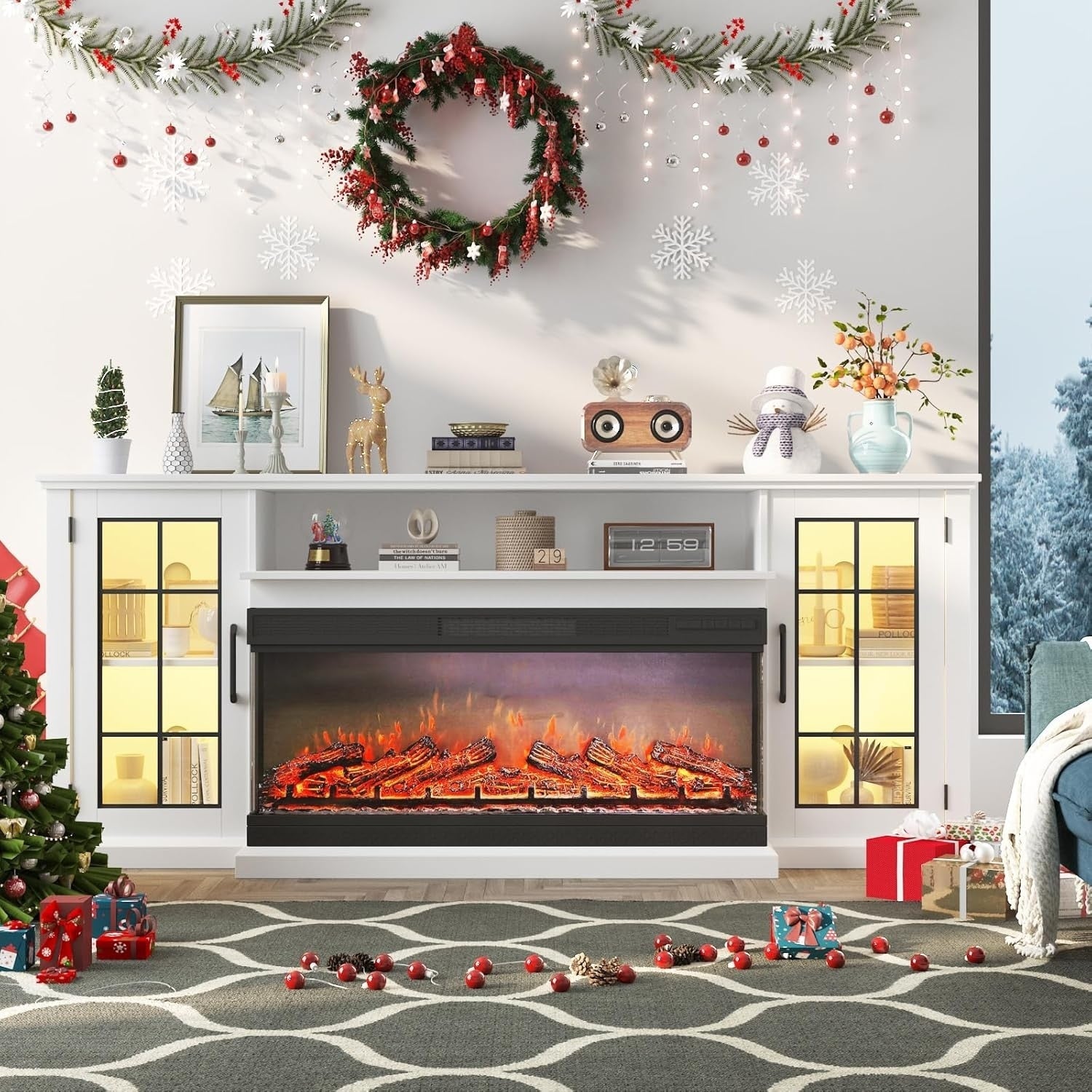 Qeetex 75 Inch TV Stand Electric Fireplace Fits TVs up to 85Inch LED Lights Glass Door Storage White